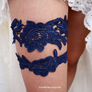 Bridal Garter Set Dark Blue Lace Garter, Wedding Blue Lace Garter, Bride Garter Set Something Blue, Wedding Garter Blue Handmade Garters set image 3