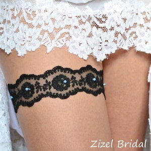 Black Wedding Garter Goth Bridal Garter, Wedding Blue Pearl Garter, Wedding Clothing Black Lace Garter, Something Blue Keep Garter Toss Gift image 1