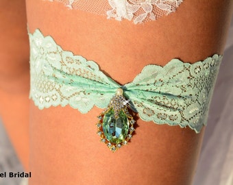 Mint Wedding GarterSet For Brides, Gold Bridal Jewelry & Lace Garter, Cristal  Mint Wedding Clothing Green Garter, Wedding Garter Emerald