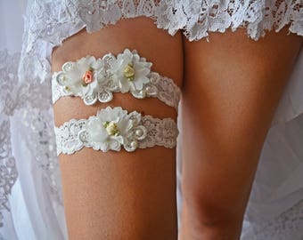 3D Flower Rustic Bridal Garter set For Wedding, Lace Ivory Garter Wedding Set, Rustic Lace Garter Set, Bridal Lace Garter For Brides Party