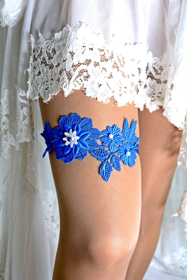 Wedding Garters Wedding Toss Garter Royal Blue Flower Lace Wedding Garter Set For Bride Garter Set Lingerie Garter Bridal Garter Blue