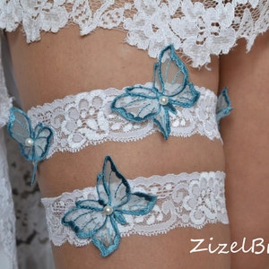 Wedding Clothing Lingerie Garter Set Lace For Brides, White Blue Lace Butterflies Garte, Bridal Garter Sets, Something Blue Wedding Garter image 2