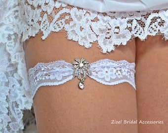 White Wedding Garters For Brides, White Lace Elastic Bridal Garter Set, Wedding Jewelry Garter Set, Rhinestone Crystal Glam Handmade Garters