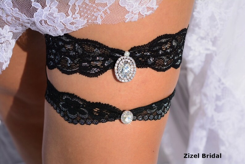 Garter Set Black Lace Garters Bridal Black Goth Rhinestone Garter Bridal Handmade Black Garter Set Elegant Garter Black Silver Toss Garter