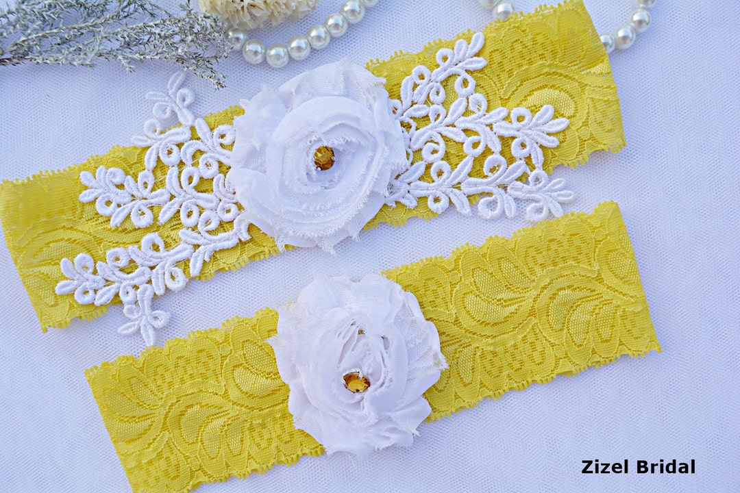Yellow Lace White Flower Wedding Garter Set, Yellow Stretch Lace Bridal