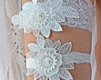 White Lace Wedding Garter Set Brides, Brridal Garter Set Lace Wedding Garters, Set Of Garter for Wedding, Wedding Gift, Handmade Garter set