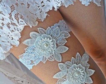 Light Blue Stretch Lace 3D Flower Appliques Bridal Garter Set, Wedding Garter White For Brides Gifts, Bridal Garter Something Blue Handmade