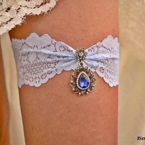 Light Blue Silver Jewelry No Slipe Wedding Garter Set Royal Blue, Bridal Accessories Light Blue Lace Garter Set, Blue Bridal Crystal Garter image 1