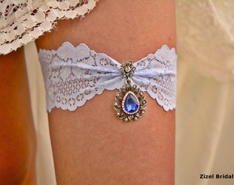 Light Blue Silver Jewelry No Slipe Wedding Garter Set Royal Blue, Bridal Accessories Light Blue Lace Garter Set, Blue Bridal Crystal Garter