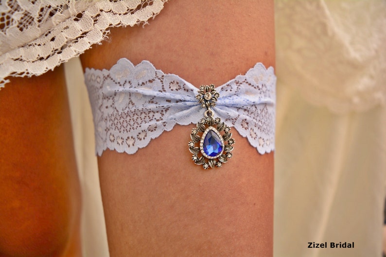 Light Blue Silver Jewelry No Slipe Wedding Garter Set Royal Blue, Bridal Accessories Light Blue Lace Garter Set, Blue Bridal Crystal Garter image 1