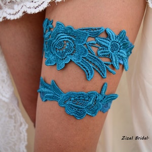 Wedding Garter set Teal Blue Lace Flower Garter, Bridal Blue Lace Garter Set, Something Blue Wedding Garter Set, Teal Lace Garter Set Brides image 1