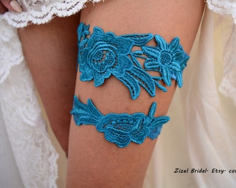 Wedding Garter set Teal Blue Lace Flower Garter, Bridal Blue Lace Garter Set, Something Blue Wedding Garter Set, Teal Lace Garter Set Brides