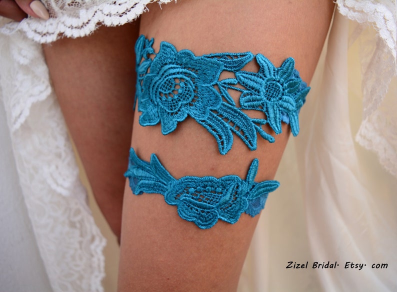 Wedding Garter set Teal Blue Lace Flower Garter, Bridal Blue Lace Garter Set, Something Blue Wedding Garter Set, Teal Lace Garter Set Brides image 1