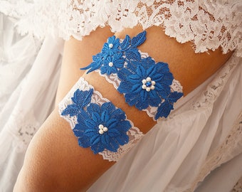 Royal Blue Lace Wedding Garter, Garter White Blue, Brridal Garter Set, Lace Wedding Garter, Bridal Garter, Garter for Wedding, Wedding Gift