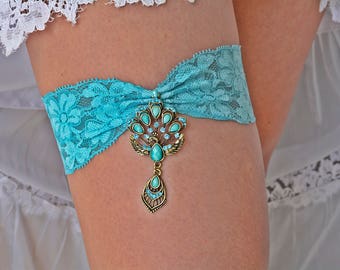 Personalized Garter For Brides, Peacock Jewelry Teal Bridal Garter, Lace Teal Rhinestones Garters, Vintage Garters Belt, Antique Wedding Set