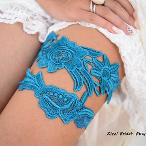 Wedding Garter set Teal Blue Lace Flower Garter, Bridal Blue Lace Garter Set, Something Blue Wedding Garter Set, Teal Lace Garter Set Brides image 3