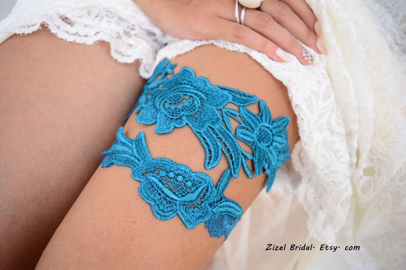 Wedding Garter set Teal Blue Lace Flower Garter, Bridal Blue Lace Garter Set, Something Blue Wedding Garter Set, Teal Lace Garter Set Brides image 3