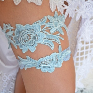 Wedding Garter set Teal Blue Lace Flower Garter, Bridal Blue Lace Garter Set, Something Blue Wedding Garter Set, Teal Lace Garter Set Brides image 10