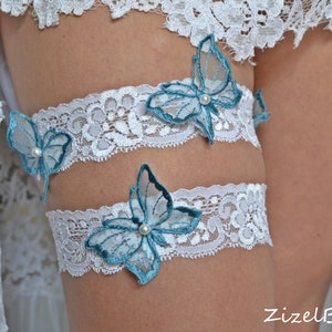 Wedding Clothing Lingerie Garter Set Lace For Brides, White Blue Lace Butterflies Garte, Bridal Garter Sets, Something Blue Wedding Garter image 1