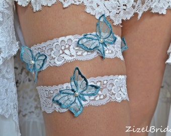 Vêtements de mariage lingerie ensemble jarretière dentelle pour mariée, blanc bleu dentelle papillons garte, ensembles de jarretière nuptiale, quelque chose de bleu jarretière de mariage