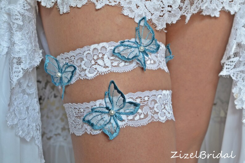 Wedding Clothing Lingerie Garter Set Lace For Brides, White Blue Lace Butterflies Garte, Bridal Garter Sets, Something Blue Wedding Garter image 1