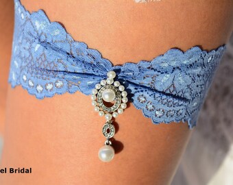 Wedding Garter Blue Rhinestone Brides Gift Elegant Garter Set Lace Blue Color Bridal lingerie Set Garter Somethig Blue Pearls Garters Sets