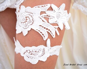 Bridal Ivory Wedding Toss & Keep Garter Set, Personalized Color Wedding Lace Garters, Bridal Beach Wedding Garter, Flower Venice Lace Garter