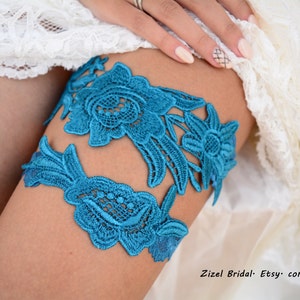 Wedding Garter set Teal Blue Lace Flower Garter, Bridal Blue Lace Garter Set, Something Blue Wedding Garter Set, Teal Lace Garter Set Brides image 2