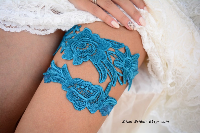 Wedding Garter set Teal Blue Lace Flower Garter, Bridal Blue Lace Garter Set, Something Blue Wedding Garter Set, Teal Lace Garter Set Brides image 2