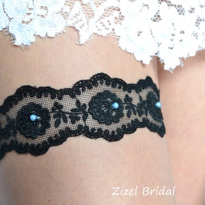 Black Wedding Garter Goth Bridal Garter, Wedding Blue Pearl Garter, Wedding Clothing Black Lace Garter, Something Blue Keep Garter Toss Gift image 3
