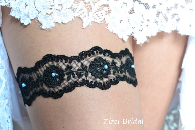 Black Wedding Garter Goth Bridal Garter, Wedding Blue Pearl Garter, Wedding Clothing Black Lace Garter, Something Blue Keep Garter Toss Gift image 3