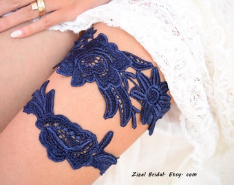 Bridal Garter Dark Blue Color For Wedding, Garter Wedding Garter,  Dark Blue Lace Bridal Garter Set, Wedding Something Blue Handmade Garter