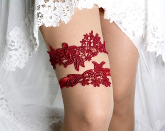 Bridal Lingerie Garter Set Burgundy For Wedding Stretch Garter Set, Wedding Garter Red, Bridal Garter Lace, Garter Vine Red, Lace Garter Set