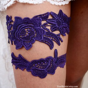 Dark Purple Garter Set Belt Wedding Garter Lace, Purple Lace Bridal Garter Set, Brides Wedding Garter Set Purple, Handmade Garter Set Purple image 2