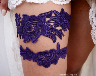 Purple Wedding Garter Elastic Lace For Bride, Wedding Dark Purple Lace Garter Set, Bridal Garter Set Handmade Garter For Wedding Accessories