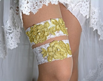 Gold und Elfenbein Spitze Applikation Hochzeit Strumpfband Set für Braut, Strumpfbänder Gold, Strumpfband Set Spitze, Hochzeit Strumpfband, Spitze Strumpfband Gold, Strumpfband Set Gold