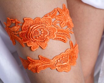 Wedding Lace Orange Garter Set, Wedding Garter Belt, Wedding Orange Lingerie Set, Wedding Clothing Orange Gifts, Garters Orange For Wedding