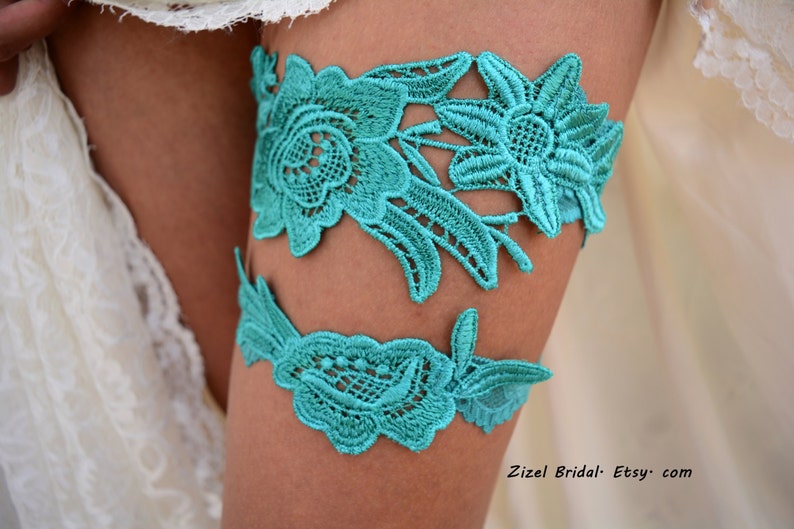 Teal Green Wedding Garter Set For Bride, Flower Lace Green Bridal Garter Teal Set, Wedding Teal Garters Sets, Green Lace Garters For Wedding image 3