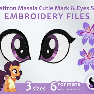May include: Embroidery files for a cartoon pony eye and cutie mark. The eye is black with a white iris and purple accents. The cutie mark is a purple flower with a pink centre. The files are available in 3 sizes and 6 formats: PES, PEC, DST, VIP, JEF, and SEW.