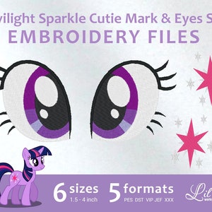 Puede incluir: Archivos de diseño de bordado para un conjunto de marca de poney y ojos de Twilight Sparkle. El diseño incluye una estrella rosa con un centro morado, un ojo morado con una pupila negra y un ojo blanco con una pupila negra. El diseño está disponible en 6 tamaños de 1,5 a 4 pulgadas y en 5 formatos: PES, DST, VIP, JEF y XXX.
