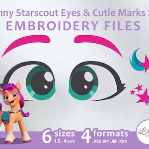 Puede incluir: Archivos de bordado para los ojos y la marca de belleza de Sunny Starscout. El conjunto incluye 6 tamaños de 1,5 a 4 pulgadas y 4 formatos: PES, VIP, JEF y XXX. La imagen muestra un pony de dibujos animados con pelo rosa y morado, ojos verdes y una marca de belleza azul y rosa con estrellas y una luna creciente.