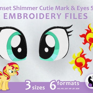 Puede incluir: Archivos de bordado para un conjunto de marca y ojos de pony Sunset Shimmer. El conjunto incluye tres tamaños y seis formatos: PES, PEC, DST, VIP, JEF y SEW. La imagen muestra un pony de dibujos animados con una marca y ojos de pony Sunset Shimmer.