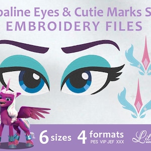 May include: An image featuring embroidery files with the text "Opaline Eyes & Cutie Marks SET EMBROIDERY FILES". The design includes stylized eyes, cutie marks, and a purple unicorn. The image also shows the text "6 sizes 4 formats".