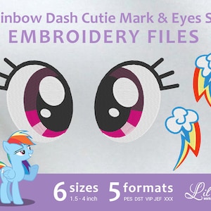 Puede incluir: Conjunto de archivos de bordado Rainbow Dash Cutie Mark & Eyes. Incluye 6 tamaños de 1,5 a 4 pulgadas y 5 formatos: PES, DST, VIP, JEF, XXX.