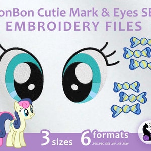 Puede incluir: Archivos de bordado para un personaje de pony de dibujos animados llamado BonBon. El conjunto incluye tres tamaños de los ojos del personaje, su marca de belleza y un lazo de caramelo. Los archivos están disponibles en seis formatos: PES, PEC, DST, VIP, JEF y SEW.