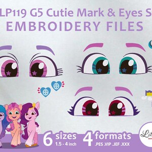 Könnte beinhalten: Satz mit sechs Stickdateien zum Erstellen von G5 My Little Pony Cutie Marks und Augen. Die Dateien sind in vier Formaten verfügbar: PES, VIP, JEF und XXX. Die Designs umfassen eine Vielzahl von Farben, darunter Pink, Blau, Grün und Lila. Die Designs sind perfekt, um Ihren Projekten einen Hauch von My Little Pony-Magie zu verleihen.
