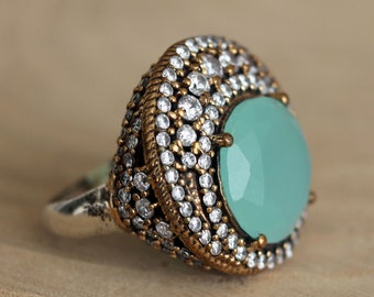 Baby Blue Gem Ring Silver, Hurrem Sultan rings handmade turkish ottoman jewelry Size:7 1/4