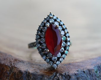 Ruby Silver Ring, Authentic Jewelry, Inspired by Ancient Culture Ottoman style ring, Hurrem sultan Istanbul jewelry