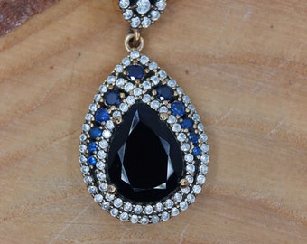 Sapphire Silver Pendant, Inspired by Ancient Culture Ottoman style pendant, Istanbul jewelry, Grand bazaar.