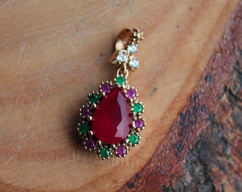 Ruby Silver Pendant, Inspired by Ancient Culture Ottoman style pendant, Istanbul jewelry, Grand bazaar.